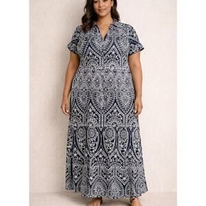 Chico's 3 Embroidered Navy & White Eyelet Tiered Maxi Dress